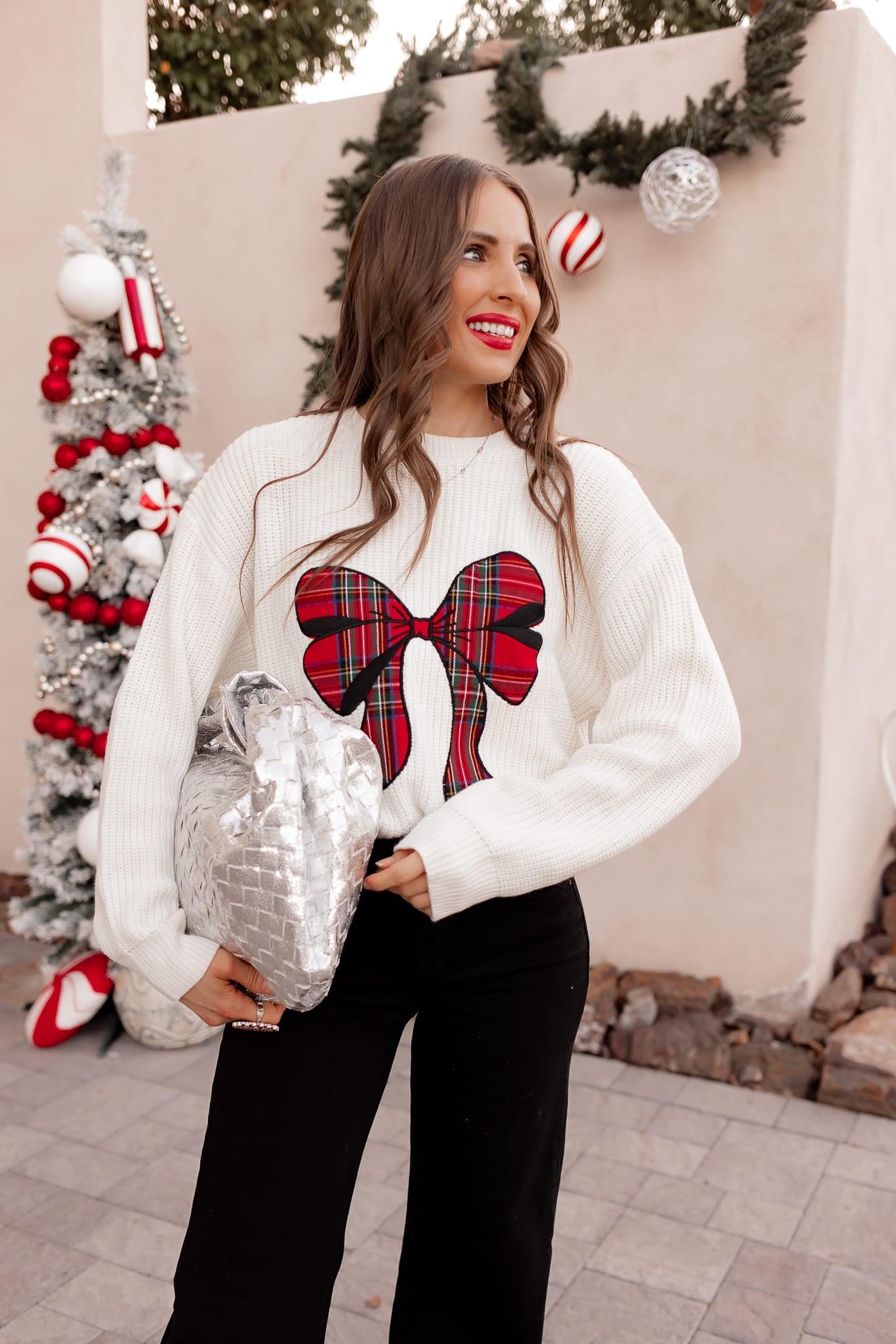 Plaid Bow Holiday Sweater \ KKB EXCLUSIVE XS-3X-Sweater-Krush Kandy, Women's Online Fashion Boutique Located in Phoenix, Arizona (Scottsdale Area)
