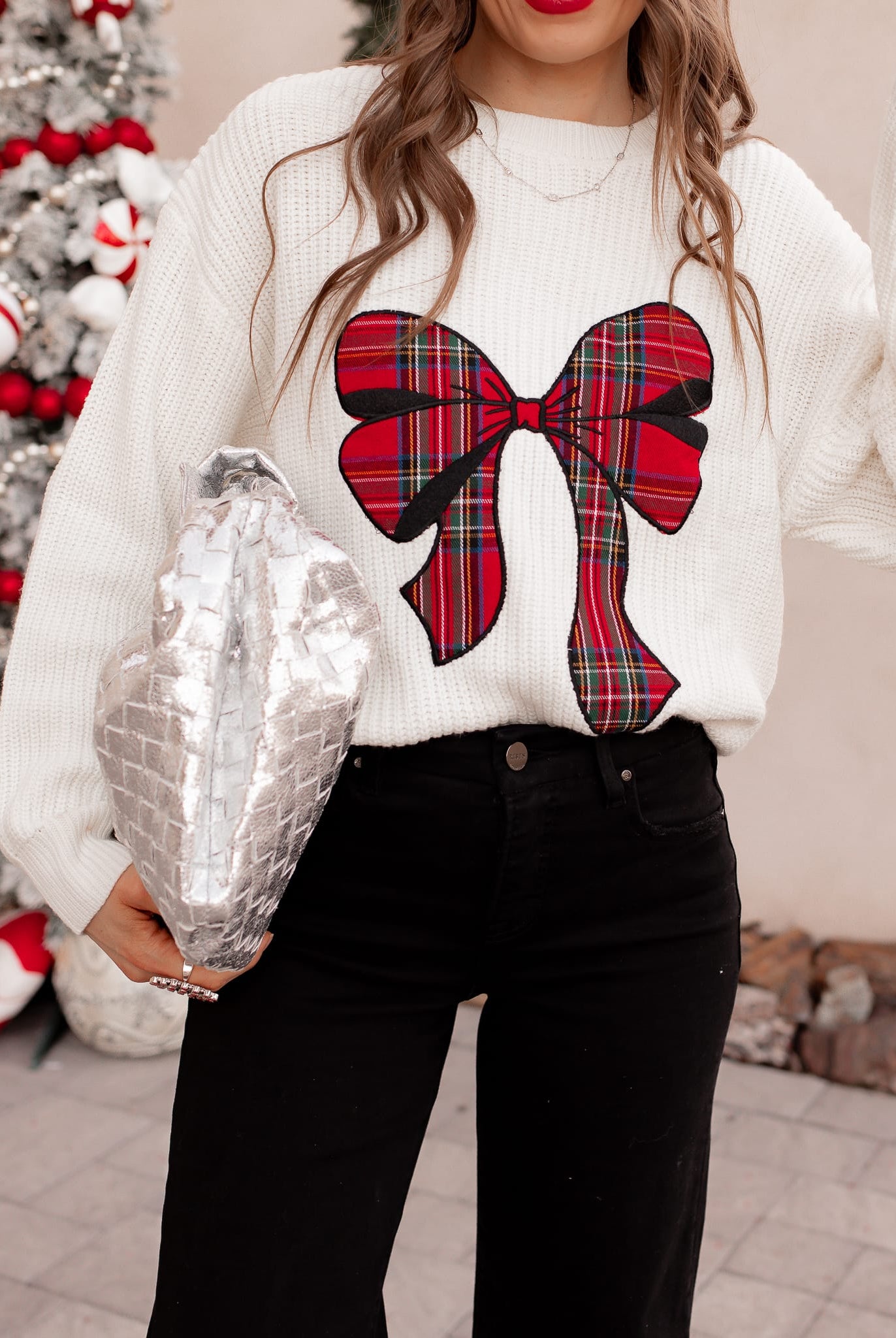 Plaid Bow Holiday Sweater \ KKB EXCLUSIVE XS-3X-Sweater-Krush Kandy, Women's Online Fashion Boutique Located in Phoenix, Arizona (Scottsdale Area)