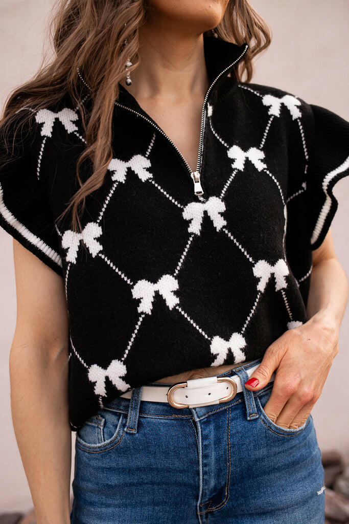 Preppy Vibes Bow Print Zipped Collar Sweater Tee-Tops-Krush Kandy, Women's Online Fashion Boutique Located in Phoenix, Arizona (Scottsdale Area)