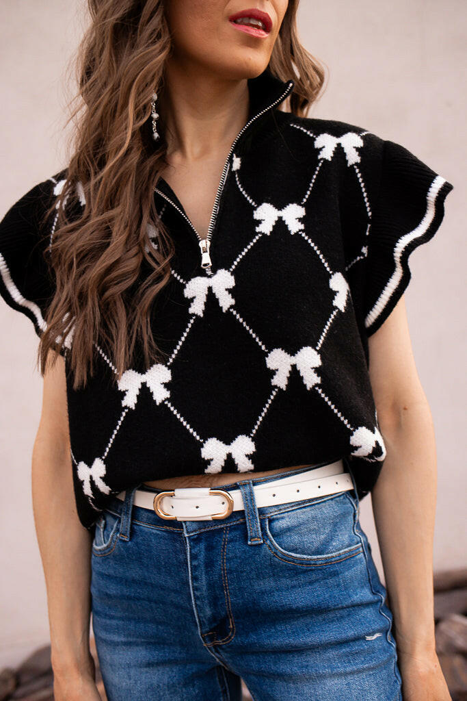 Preppy Vibes Bow Print Zipped Collar Sweater Tee-Tops-Krush Kandy, Women's Online Fashion Boutique Located in Phoenix, Arizona (Scottsdale Area)