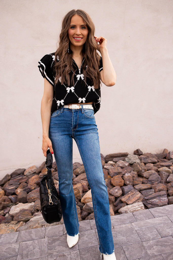 Preppy Vibes Bow Print Zipped Collar Sweater Tee-Tops-Krush Kandy, Women's Online Fashion Boutique Located in Phoenix, Arizona (Scottsdale Area)