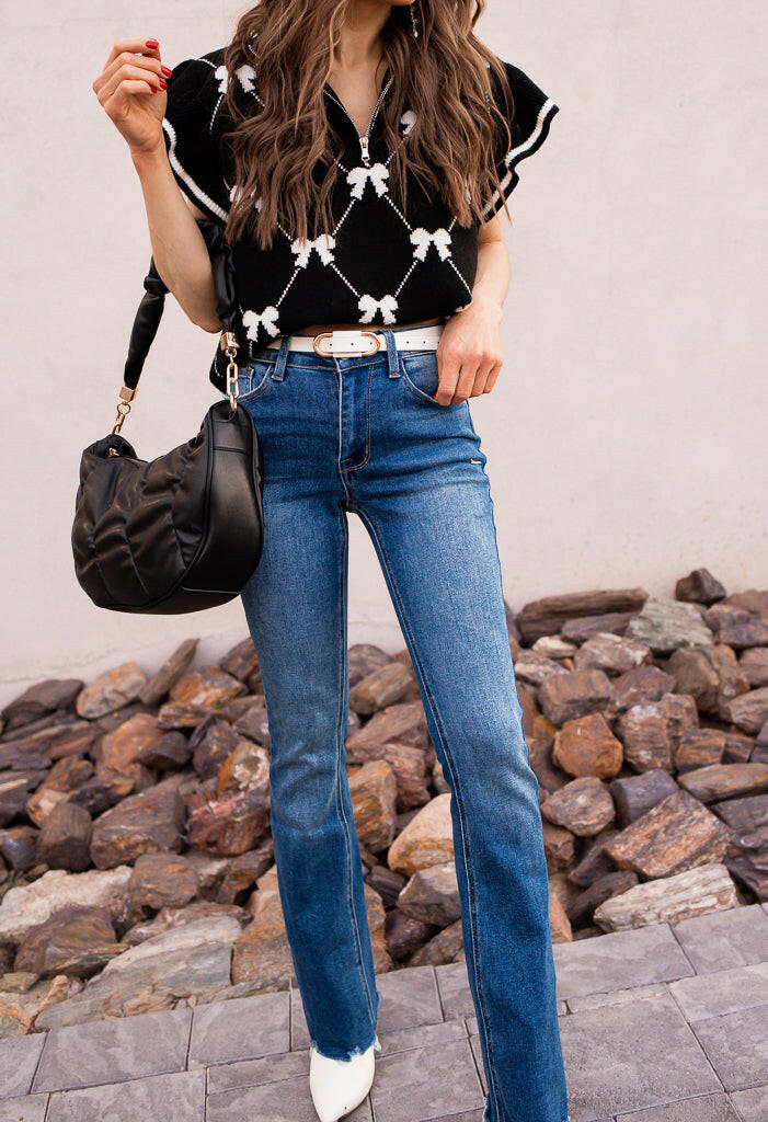 Preppy Vibes Bow Print Zipped Collar Sweater Tee-Tops-Krush Kandy, Women's Online Fashion Boutique Located in Phoenix, Arizona (Scottsdale Area)