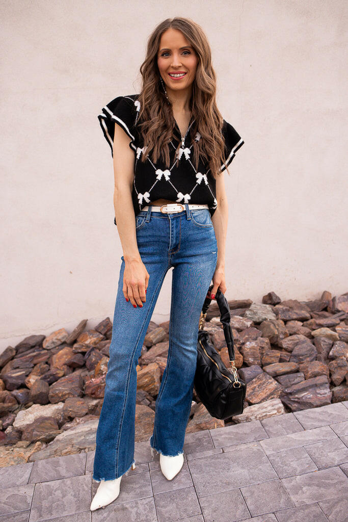 Preppy Vibes Bow Print Zipped Collar Sweater Tee-Tops-Krush Kandy, Women's Online Fashion Boutique Located in Phoenix, Arizona (Scottsdale Area)