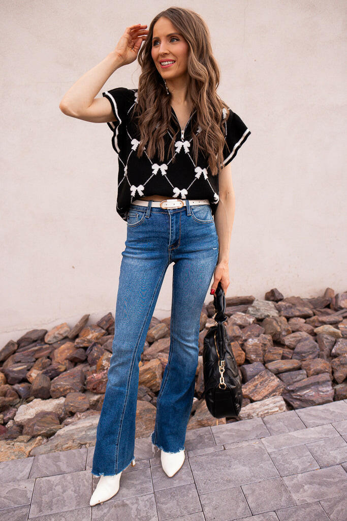 Preppy Vibes Bow Print Zipped Collar Sweater Tee-Tops-Krush Kandy, Women's Online Fashion Boutique Located in Phoenix, Arizona (Scottsdale Area)