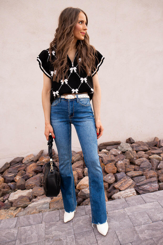 Preppy Vibes Bow Print Zipped Collar Sweater Tee-Tops-Krush Kandy, Women's Online Fashion Boutique Located in Phoenix, Arizona (Scottsdale Area)