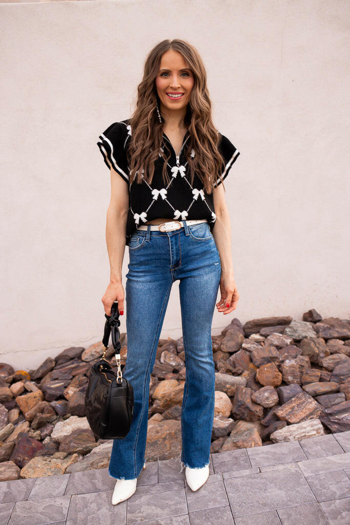 Preppy Vibes Bow Print Zipped Collar Sweater Tee-Tops-Krush Kandy, Women's Online Fashion Boutique Located in Phoenix, Arizona (Scottsdale Area)