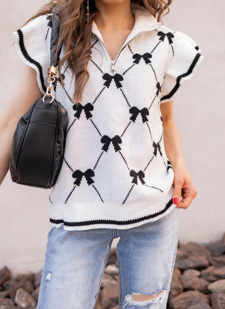 Preppy Vibes Bow Print Zipped Collar Sweater Tee-Tops-Krush Kandy, Women's Online Fashion Boutique Located in Phoenix, Arizona (Scottsdale Area)