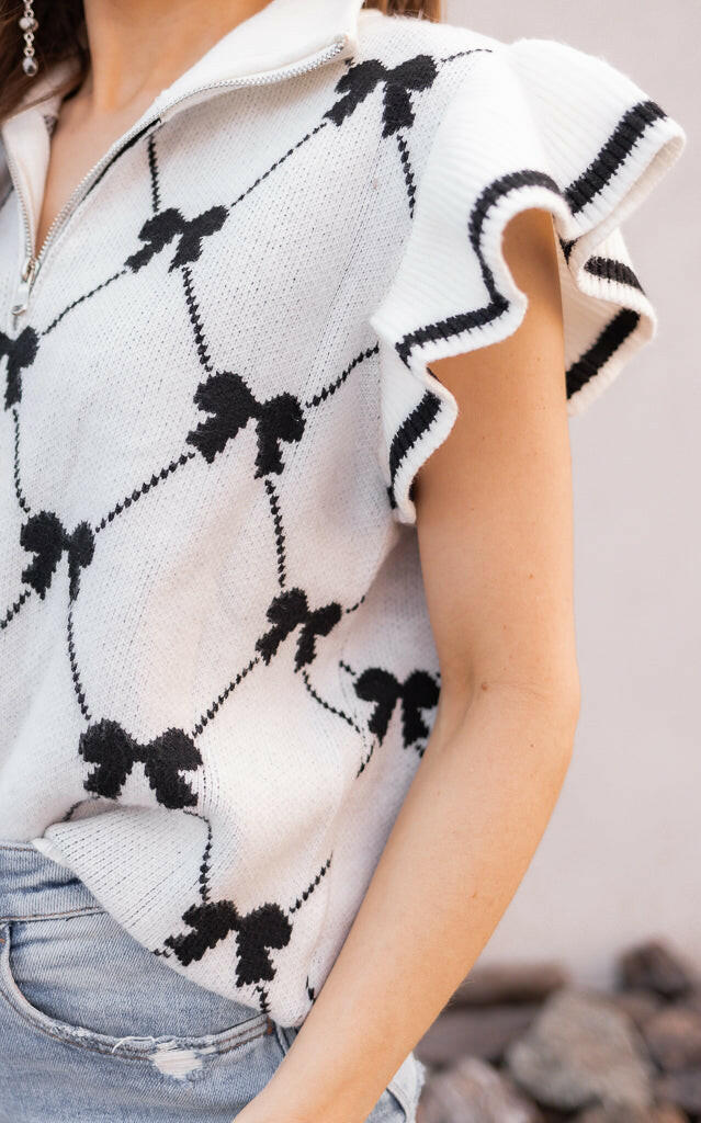 Preppy Vibes Bow Print Zipped Collar Sweater Tee-Tops-Krush Kandy, Women's Online Fashion Boutique Located in Phoenix, Arizona (Scottsdale Area)