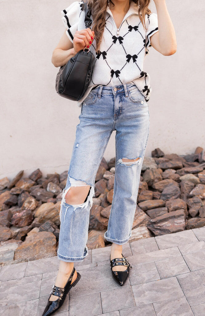 Preppy Vibes Bow Print Zipped Collar Sweater Tee-Tops-Krush Kandy, Women's Online Fashion Boutique Located in Phoenix, Arizona (Scottsdale Area)