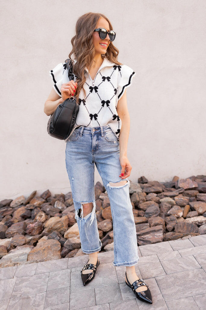 Preppy Vibes Bow Print Zipped Collar Sweater Tee-Tops-Krush Kandy, Women's Online Fashion Boutique Located in Phoenix, Arizona (Scottsdale Area)