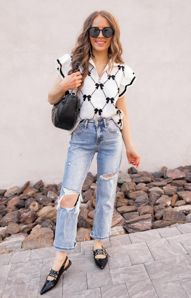 Preppy Vibes Bow Print Zipped Collar Sweater Tee-Tops-Krush Kandy, Women's Online Fashion Boutique Located in Phoenix, Arizona (Scottsdale Area)