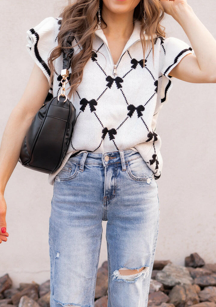 Preppy Vibes Bow Print Zipped Collar Sweater Tee-Tops-Krush Kandy, Women's Online Fashion Boutique Located in Phoenix, Arizona (Scottsdale Area)