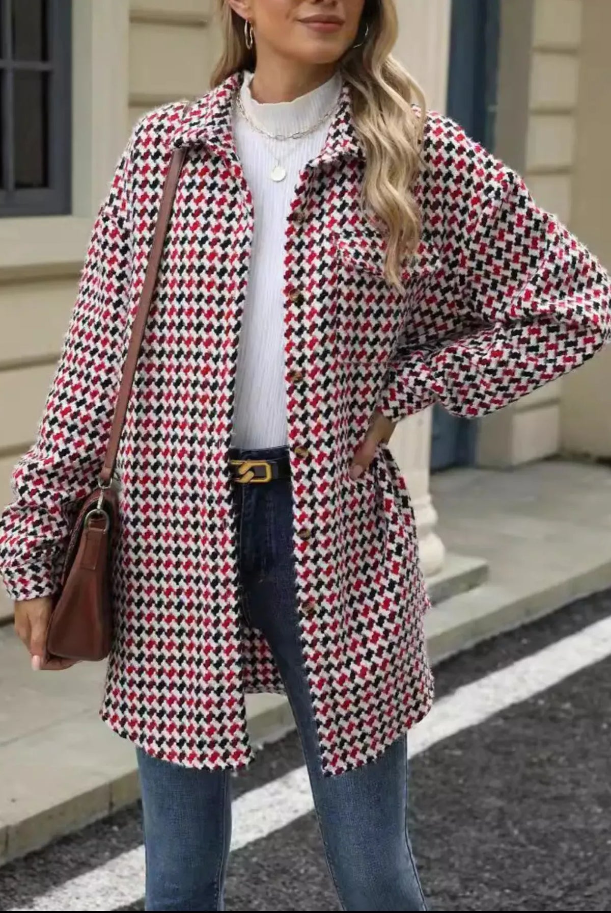 Houndstooth Button Up Long Sleeve Coat-Jacket-Krush Kandy, Women's Online Fashion Boutique Located in Phoenix, Arizona (Scottsdale Area)