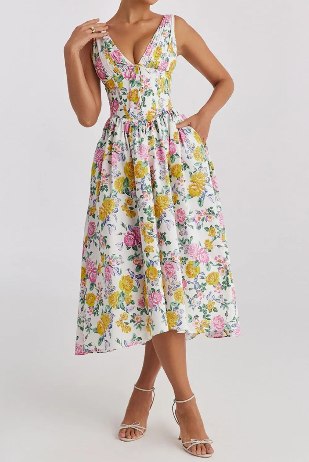 Floral V-Neck Sleeveless Midi Dress with Pockets-Dresses-Krush Kandy, Women's Online Fashion Boutique Located in Phoenix, Arizona (Scottsdale Area)