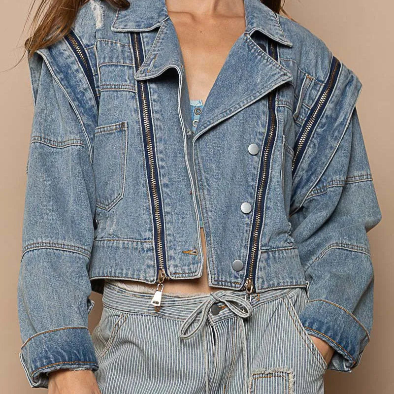 POL Cropped Denim Jacket with Functional Zipper Detail-Jacket-Krush Kandy, Women's Online Fashion Boutique Located in Phoenix, Arizona (Scottsdale Area)