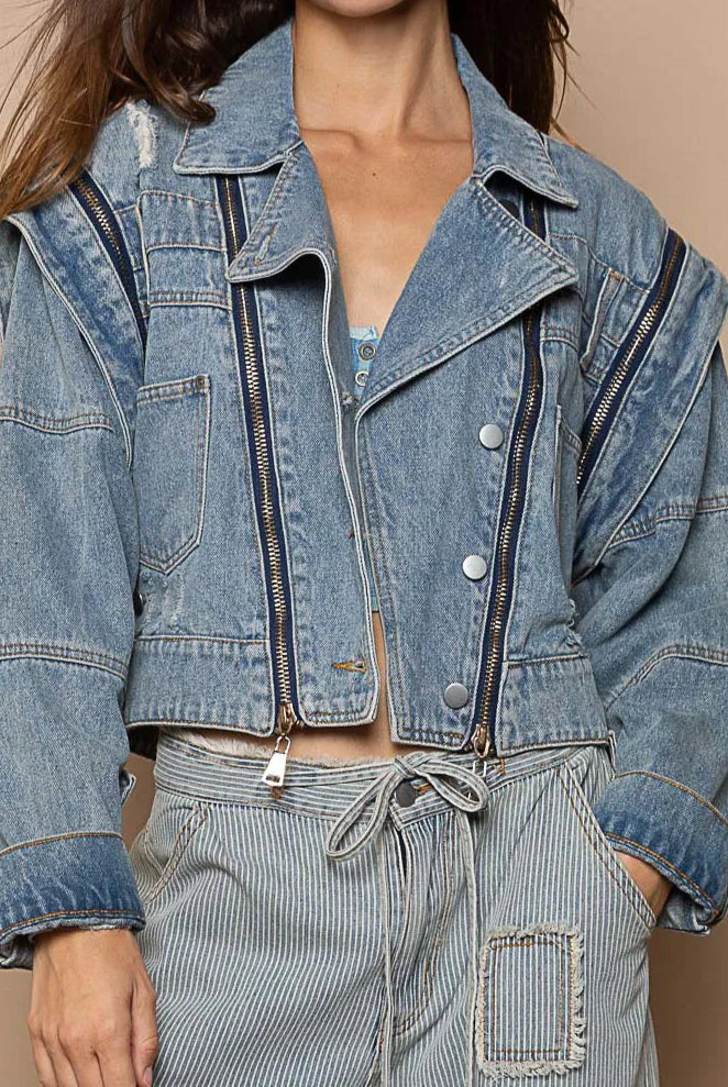POL Cropped Denim Jacket with Functional Zipper Detail-Jacket-Krush Kandy, Women's Online Fashion Boutique Located in Phoenix, Arizona (Scottsdale Area)