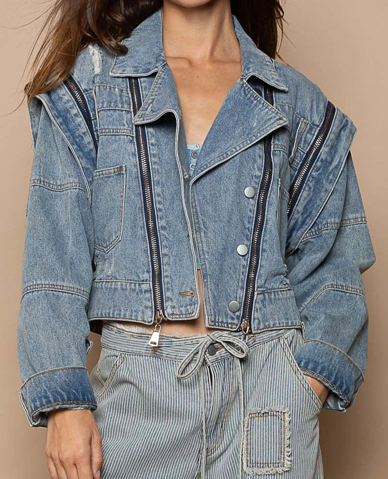 POL Cropped Denim Jacket with Functional Zipper Detail-Jacket-Krush Kandy, Women's Online Fashion Boutique Located in Phoenix, Arizona (Scottsdale Area)