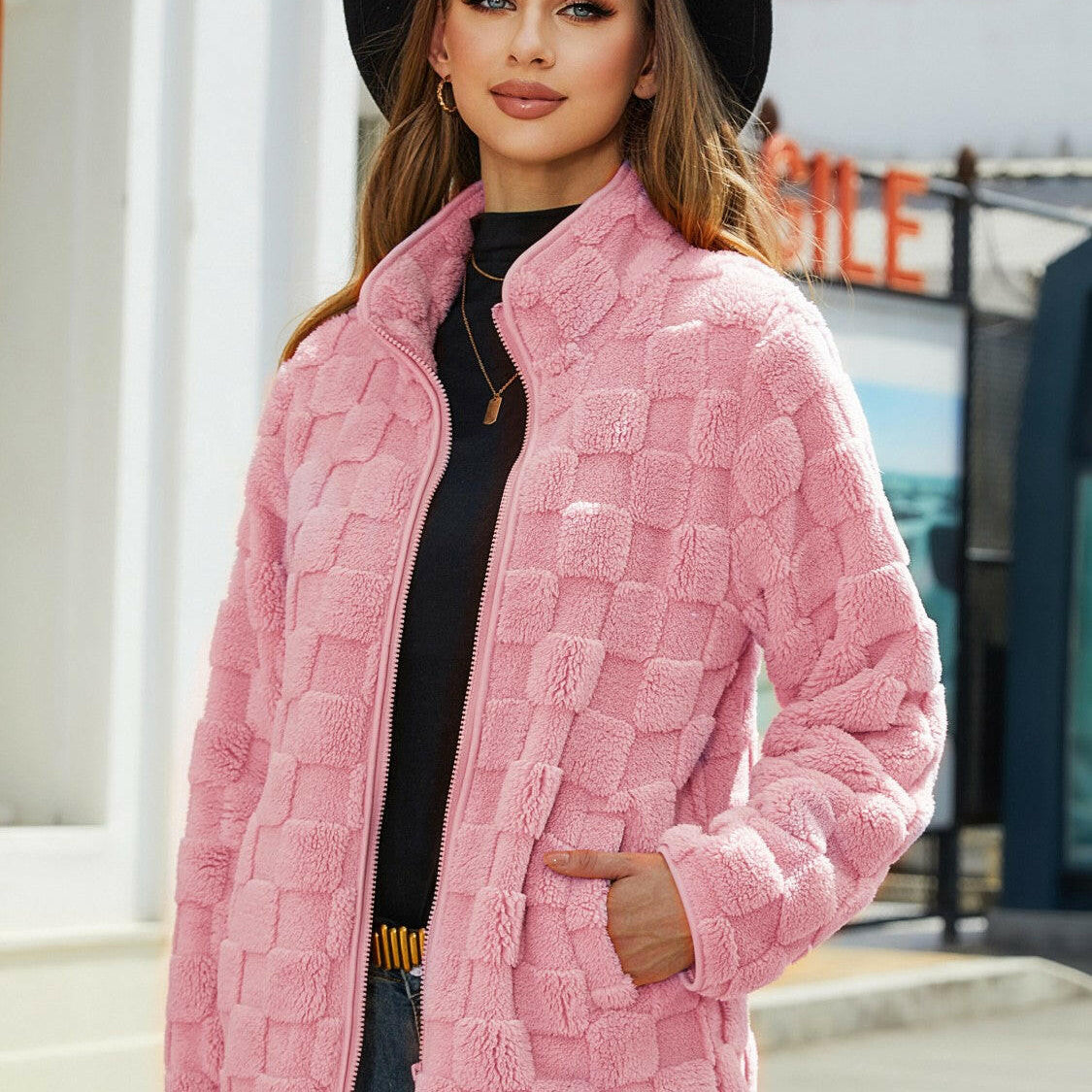 Fuzzy Checkered Zip Up Jacket-Krush Kandy, Women's Online Fashion Boutique Located in Phoenix, Arizona (Scottsdale Area)