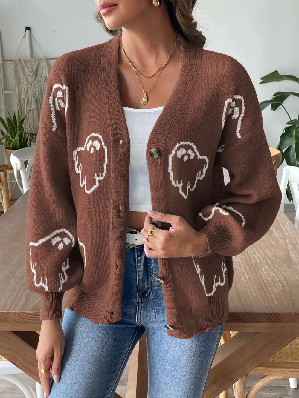 Ghost V-Neck Dropped Shoulder Cardigan-Cardigans-Krush Kandy, Women's Online Fashion Boutique Located in Phoenix, Arizona (Scottsdale Area)