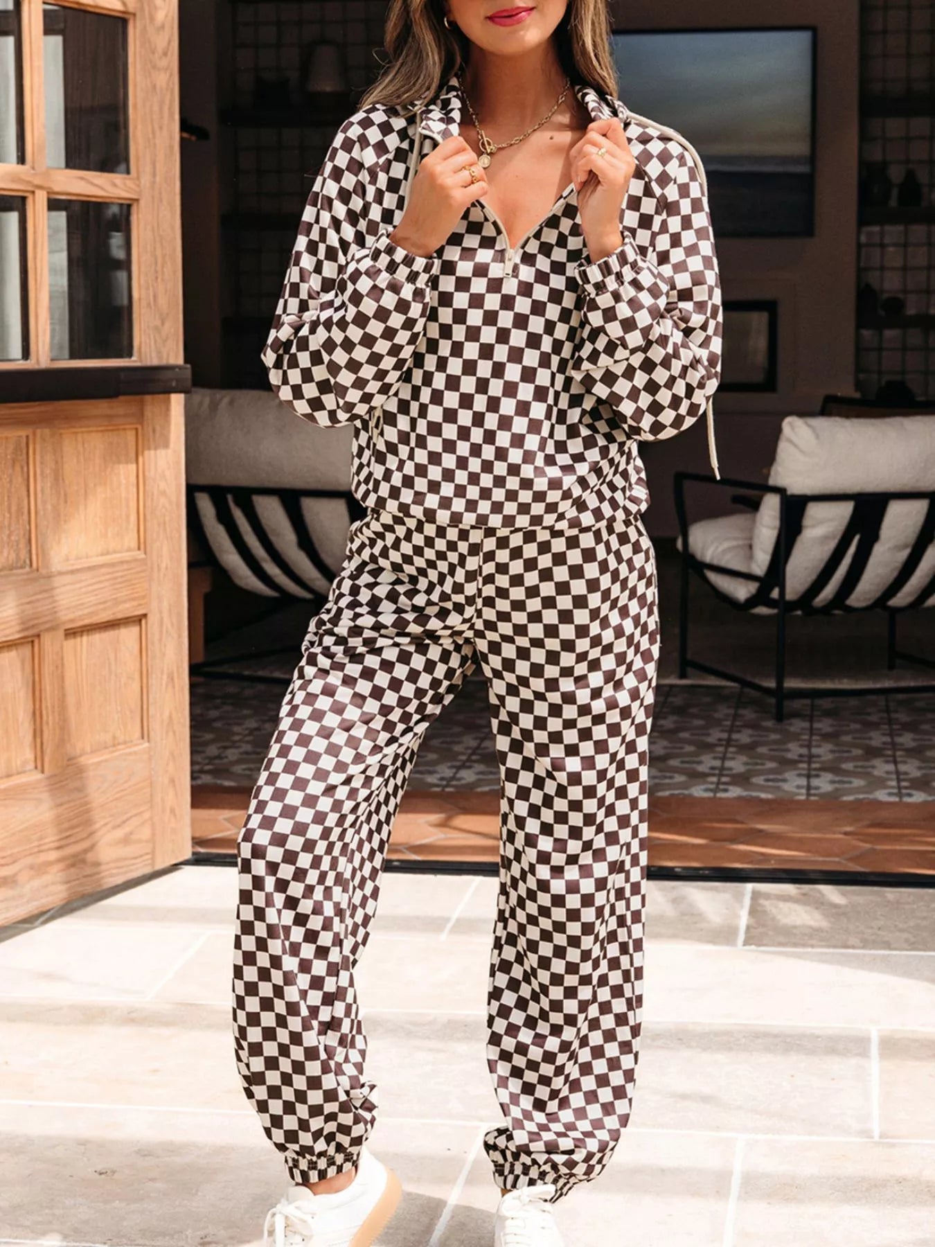 Checkered Drawstring Hoodie and Pants Set-2 Piece Outfit Sets-Krush Kandy, Women's Online Fashion Boutique Located in Phoenix, Arizona (Scottsdale Area)