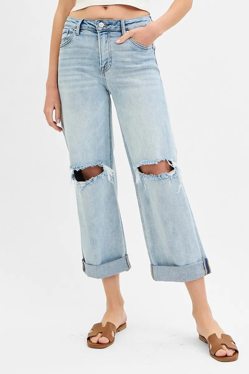 RISEN Full Size Mid Rise Fit Boyfriend Jeans with Cuff Plus Size-Denim-Krush Kandy, Women's Online Fashion Boutique Located in Phoenix, Arizona (Scottsdale Area)