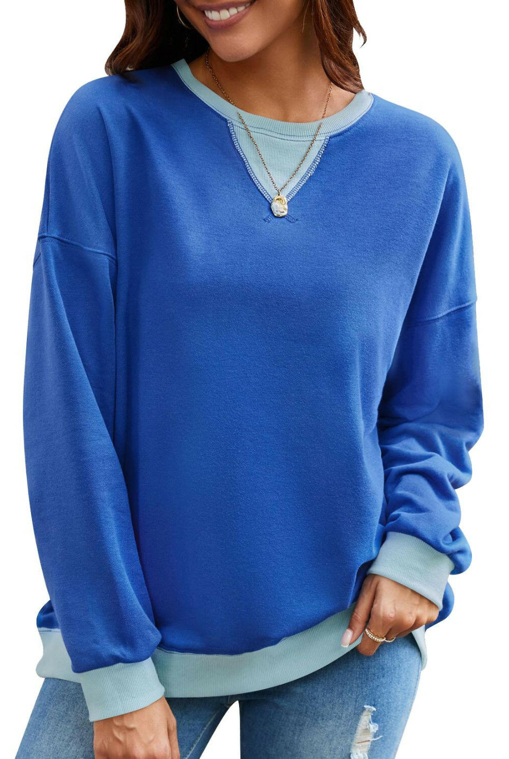 Lovelet Contrast Round Neck Long Sleeve Sweatshirt-Krush Kandy, Women's Online Fashion Boutique Located in Phoenix, Arizona (Scottsdale Area)