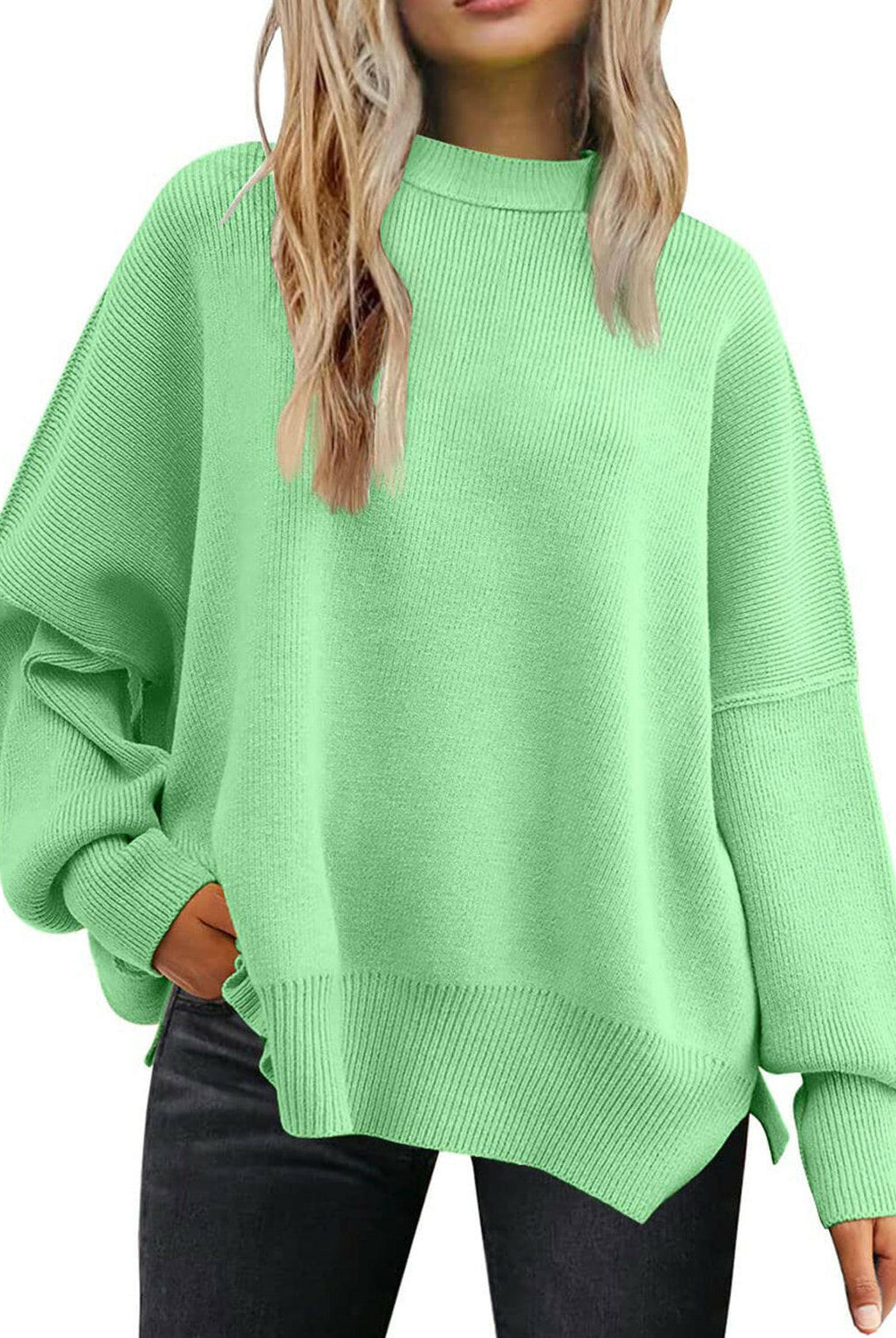 Slit Round Neck Dropped Shoulder Sweater-Krush Kandy, Women's Online Fashion Boutique Located in Phoenix, Arizona (Scottsdale Area)