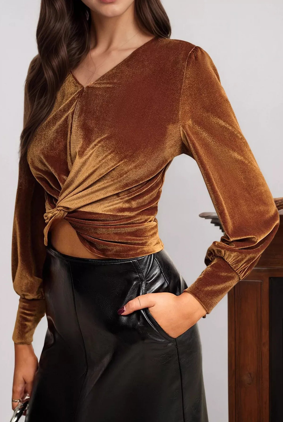 Twisted V-Neck Long Sleeve Blouse-Tops-Krush Kandy, Women's Online Fashion Boutique Located in Phoenix, Arizona (Scottsdale Area)