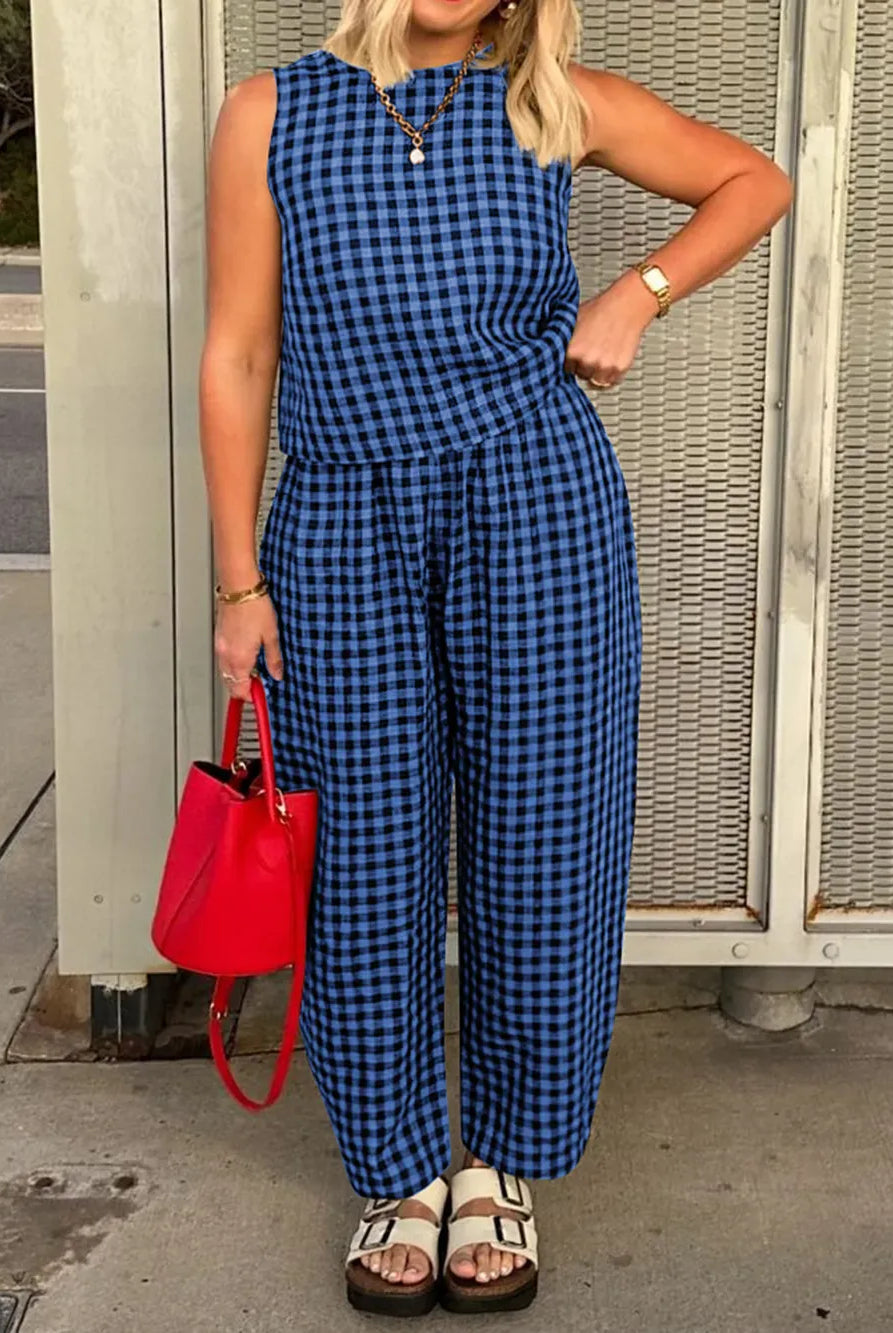 Lovelet Plaid Round Neck Sleeveless Top and Pants Set-2 Piece Outfit Sets-Krush Kandy, Women's Online Fashion Boutique Located in Phoenix, Arizona (Scottsdale Area)