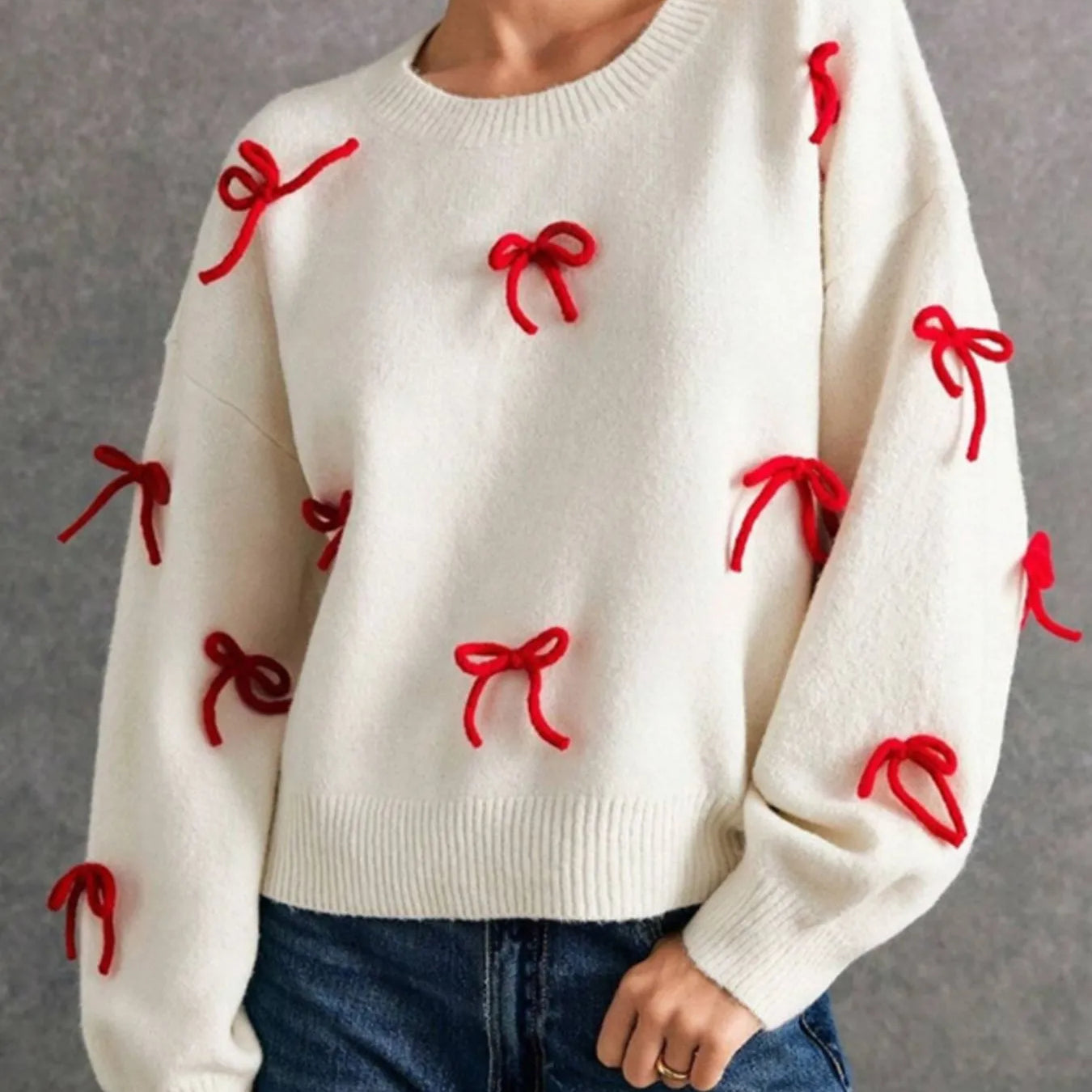 Bow Contrast Round Neck Long Sleeve Sweater-Krush Kandy, Women's Online Fashion Boutique Located in Phoenix, Arizona (Scottsdale Area)