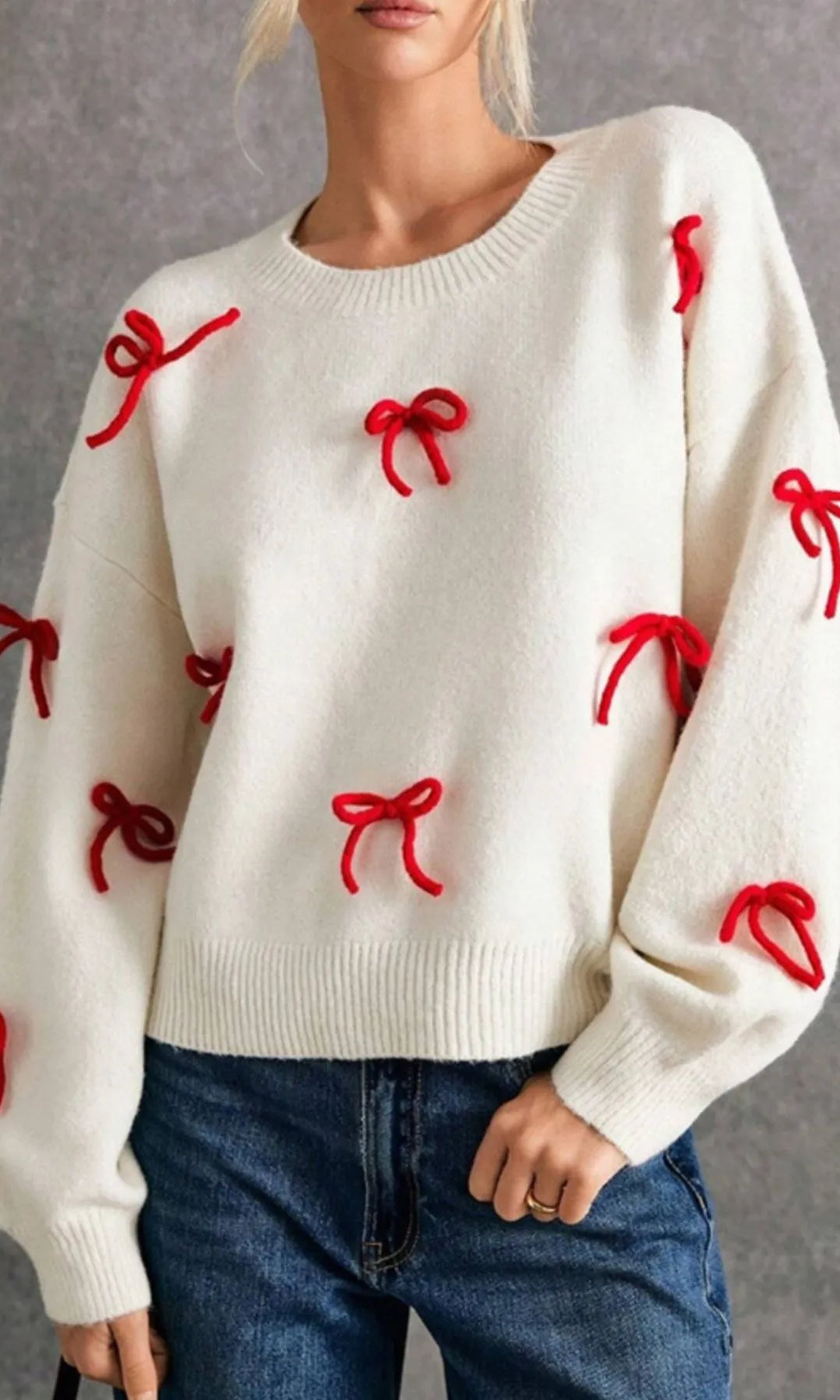 Bow Contrast Round Neck Long Sleeve Sweater-Krush Kandy, Women's Online Fashion Boutique Located in Phoenix, Arizona (Scottsdale Area)