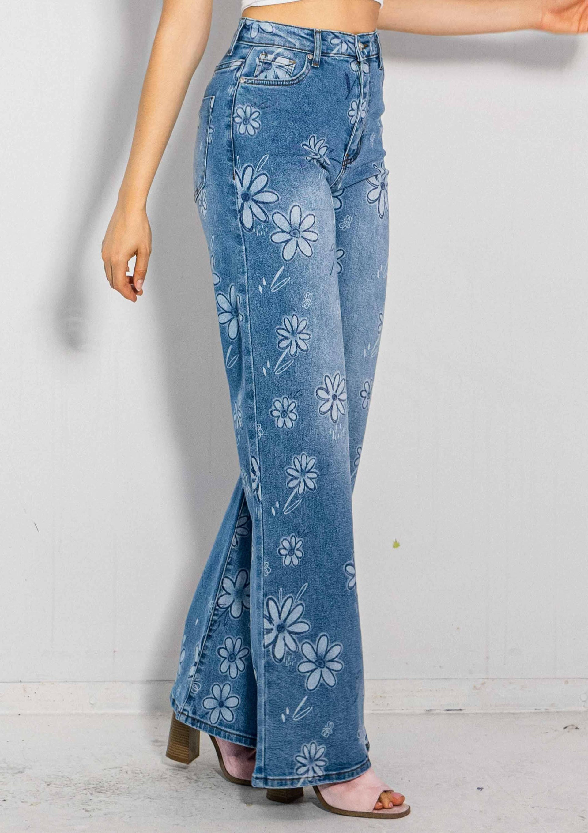 Flower Printed High-Rise Wideleg Jeans-Jeans-Krush Kandy, Women's Online Fashion Boutique Located in Phoenix, Arizona (Scottsdale Area)