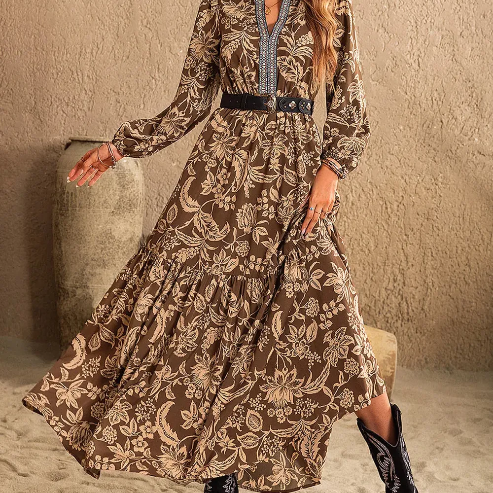 Ruched Printed Notched Long Sleeve Maxi Dress-Dresses-Krush Kandy, Women's Online Fashion Boutique Located in Phoenix, Arizona (Scottsdale Area)
