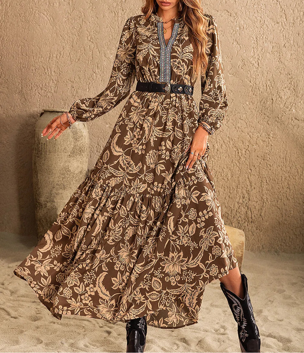 Ruched Printed Notched Long Sleeve Maxi Dress-Dresses-Krush Kandy, Women's Online Fashion Boutique Located in Phoenix, Arizona (Scottsdale Area)