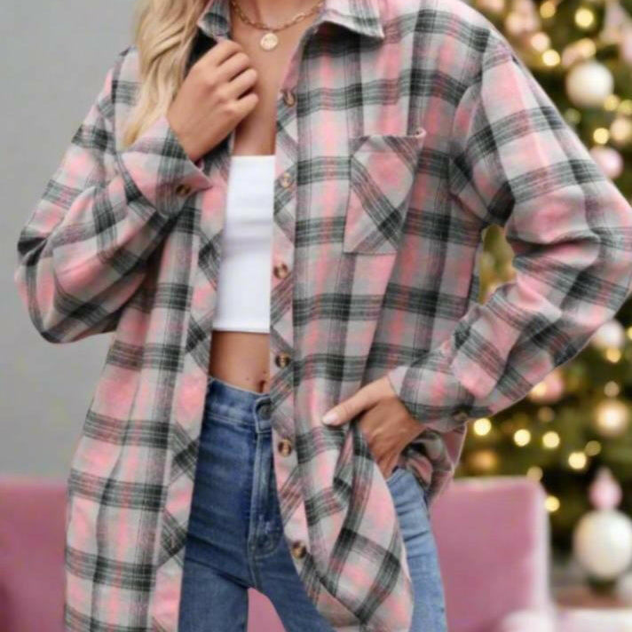 Mandy Pocketed Plaid Collared Neck Long Sleeve Shirt-Krush Kandy, Women's Online Fashion Boutique Located in Phoenix, Arizona (Scottsdale Area)