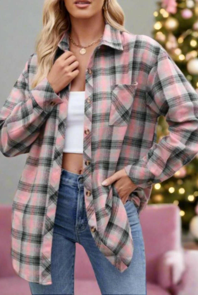 Mandy Pocketed Plaid Collared Neck Long Sleeve Shirt-Krush Kandy, Women's Online Fashion Boutique Located in Phoenix, Arizona (Scottsdale Area)