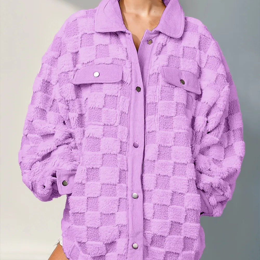 Double Take Button Up Fuzzy Checkered Shacket-Jacket-Krush Kandy, Women's Online Fashion Boutique Located in Phoenix, Arizona (Scottsdale Area)