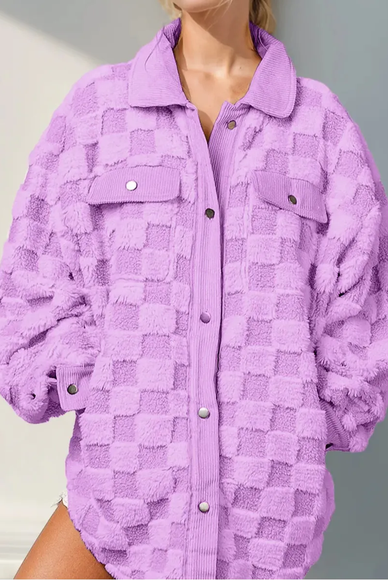 Double Take Button Up Fuzzy Checkered Shacket-Jacket-Krush Kandy, Women's Online Fashion Boutique Located in Phoenix, Arizona (Scottsdale Area)