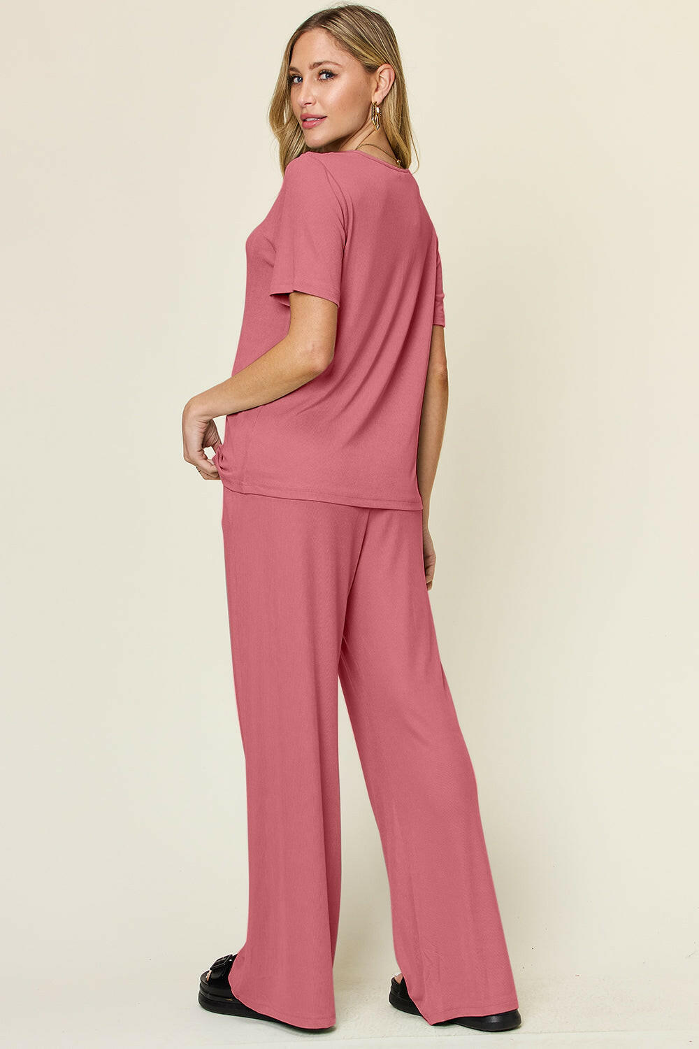Double Take Full Size Round Neck Short Sleeve T-Shirt and Wide Leg Pants Set-Krush Kandy, Women's Online Fashion Boutique Located in Phoenix, Arizona (Scottsdale Area)