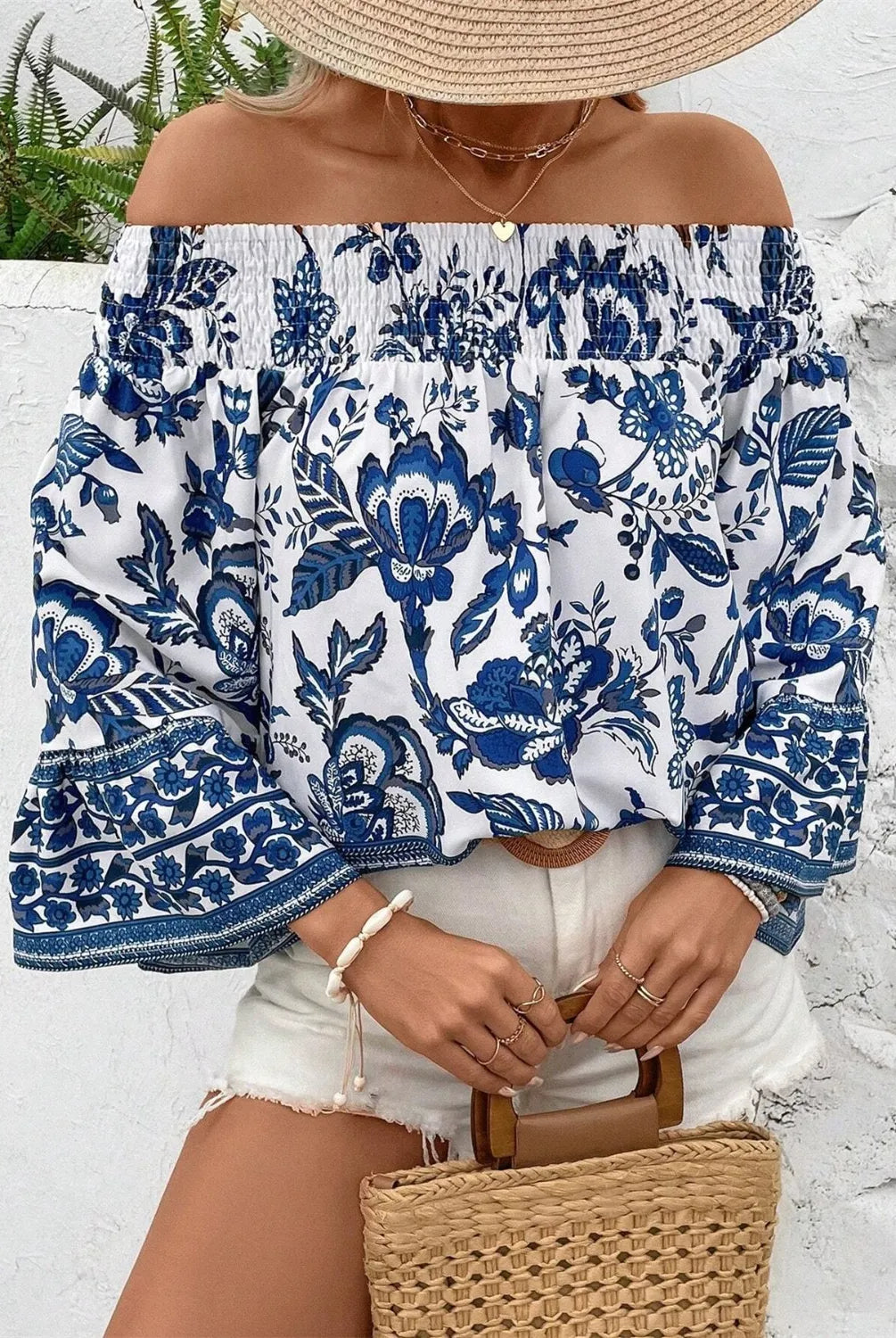 Smocked Printed Off-Shoulder Blouse-Blouses-Krush Kandy, Women's Online Fashion Boutique Located in Phoenix, Arizona (Scottsdale Area)
