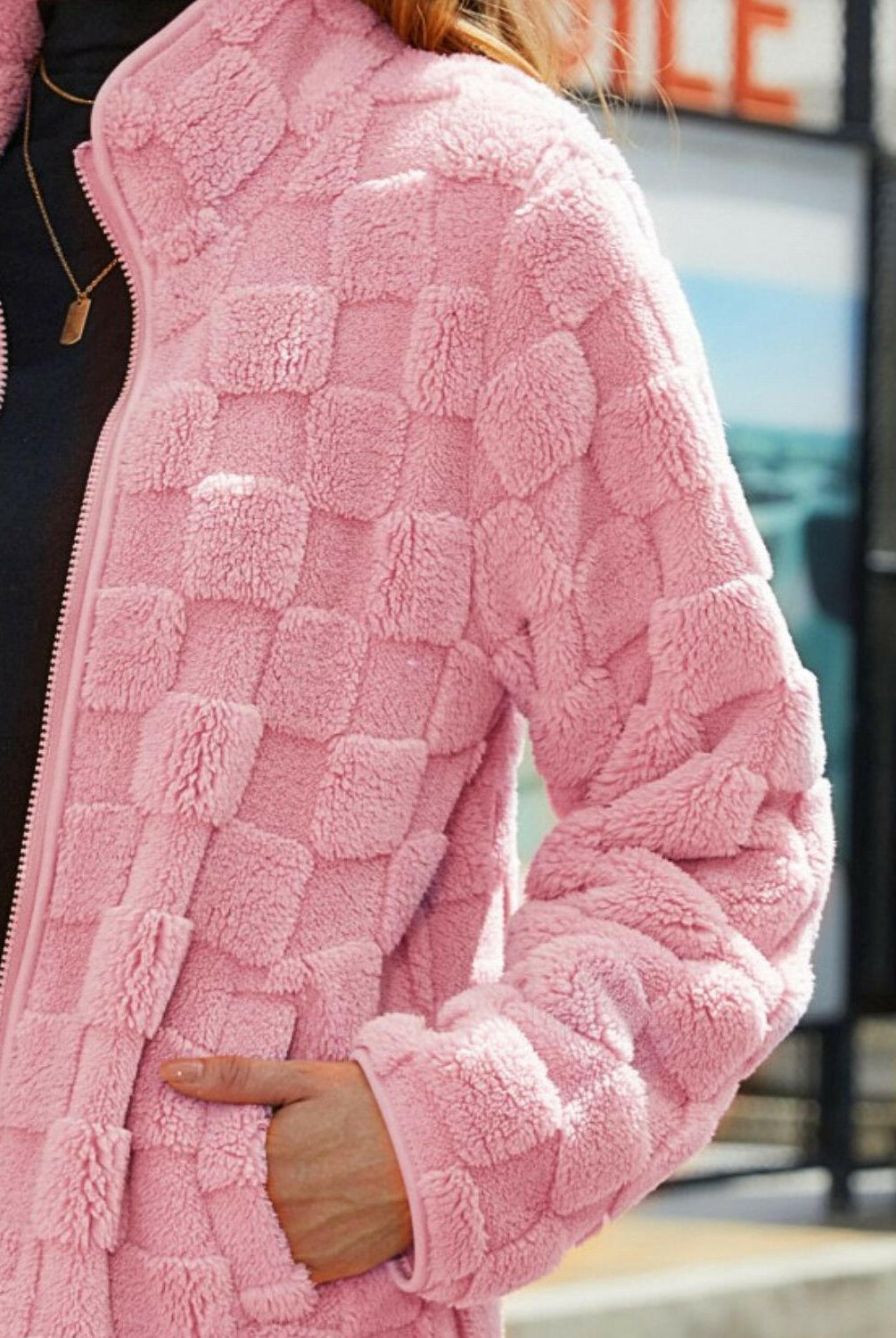 Fuzzy Checkered Zip Up Jacket-Krush Kandy, Women's Online Fashion Boutique Located in Phoenix, Arizona (Scottsdale Area)