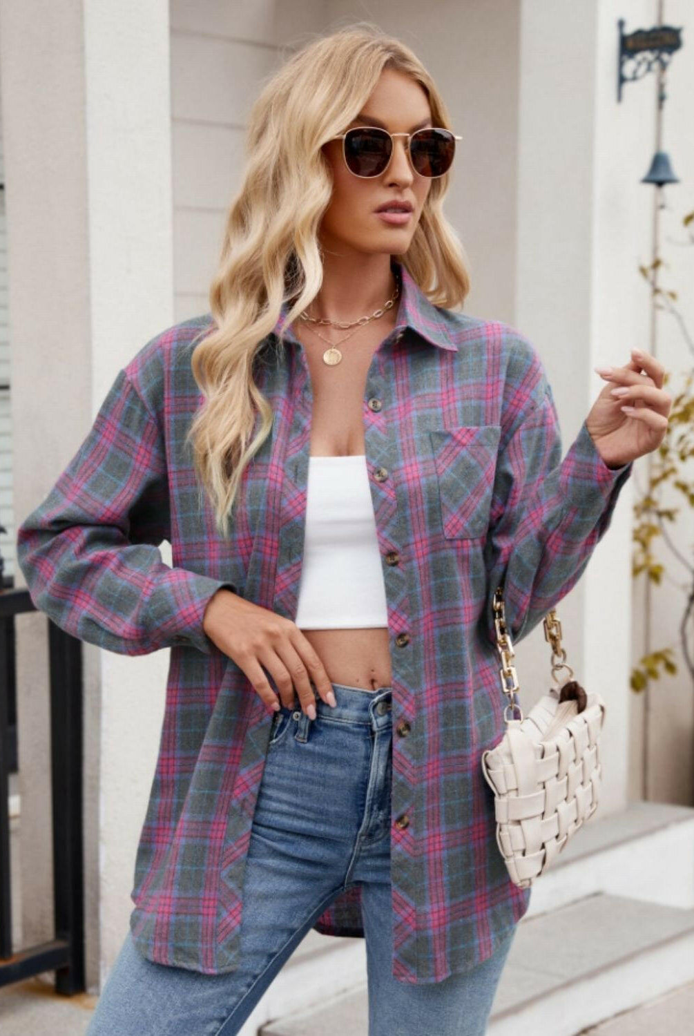 Mandy Pocketed Plaid Collared Neck Long Sleeve Shirt-Krush Kandy, Women's Online Fashion Boutique Located in Phoenix, Arizona (Scottsdale Area)