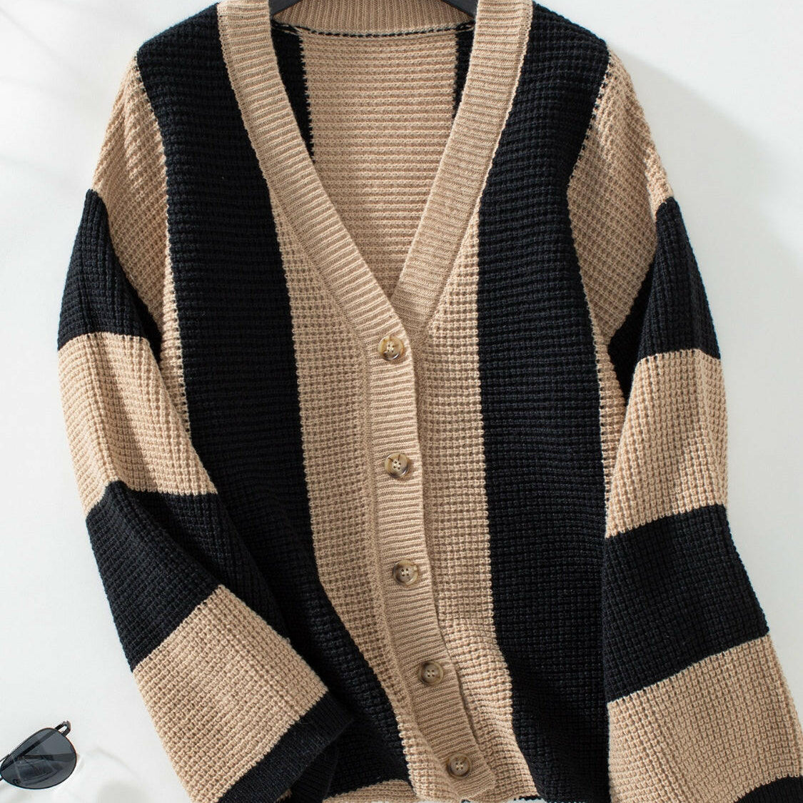 Waffle-Knit V-Neck Striped Long Sleeve Cardigan-Krush Kandy, Women's Online Fashion Boutique Located in Phoenix, Arizona (Scottsdale Area)