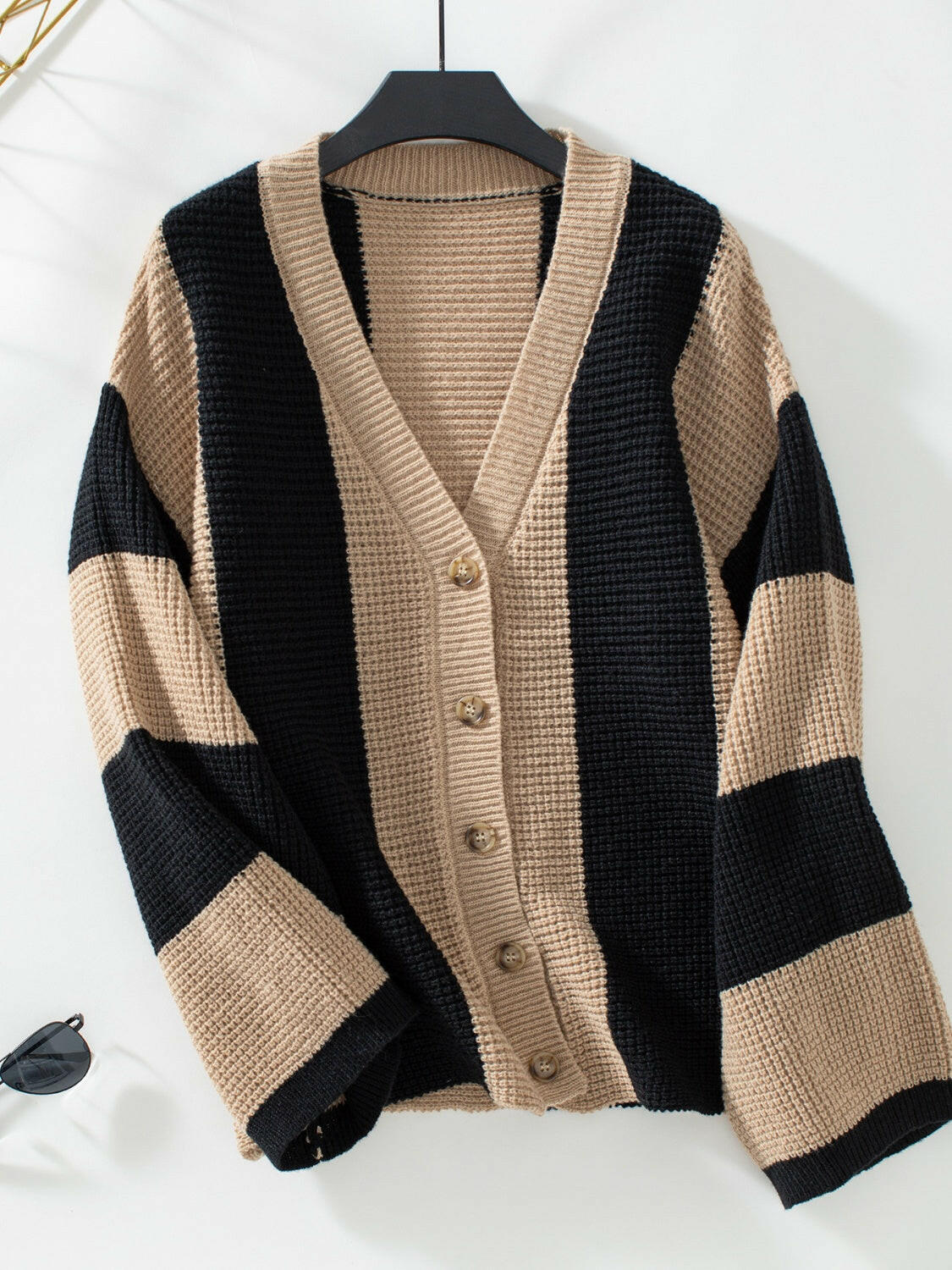 Waffle-Knit V-Neck Striped Long Sleeve Cardigan-Krush Kandy, Women's Online Fashion Boutique Located in Phoenix, Arizona (Scottsdale Area)