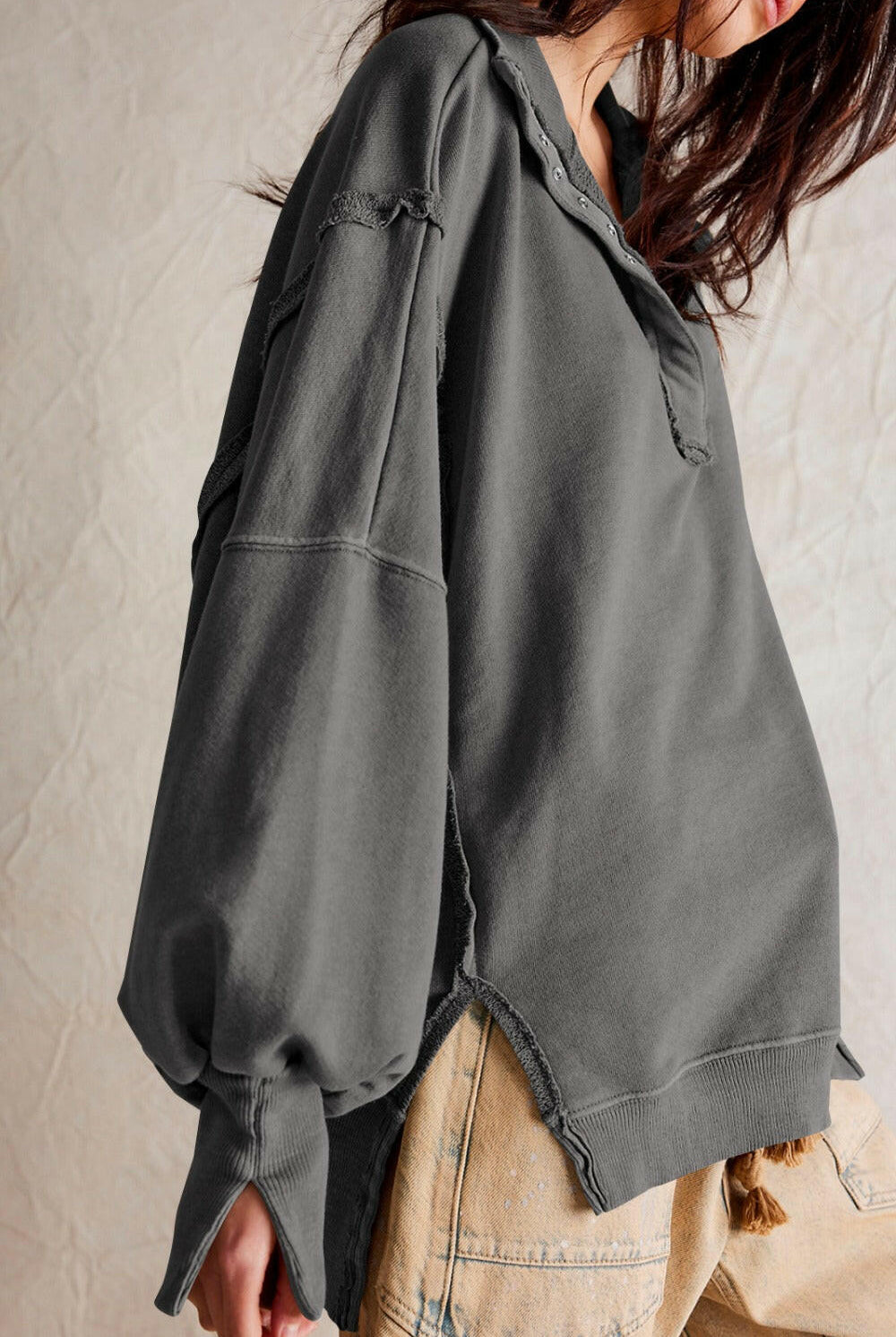 Exposed Seam Side Slit Long Sleeve Sweatshirt-Krush Kandy, Women's Online Fashion Boutique Located in Phoenix, Arizona (Scottsdale Area)