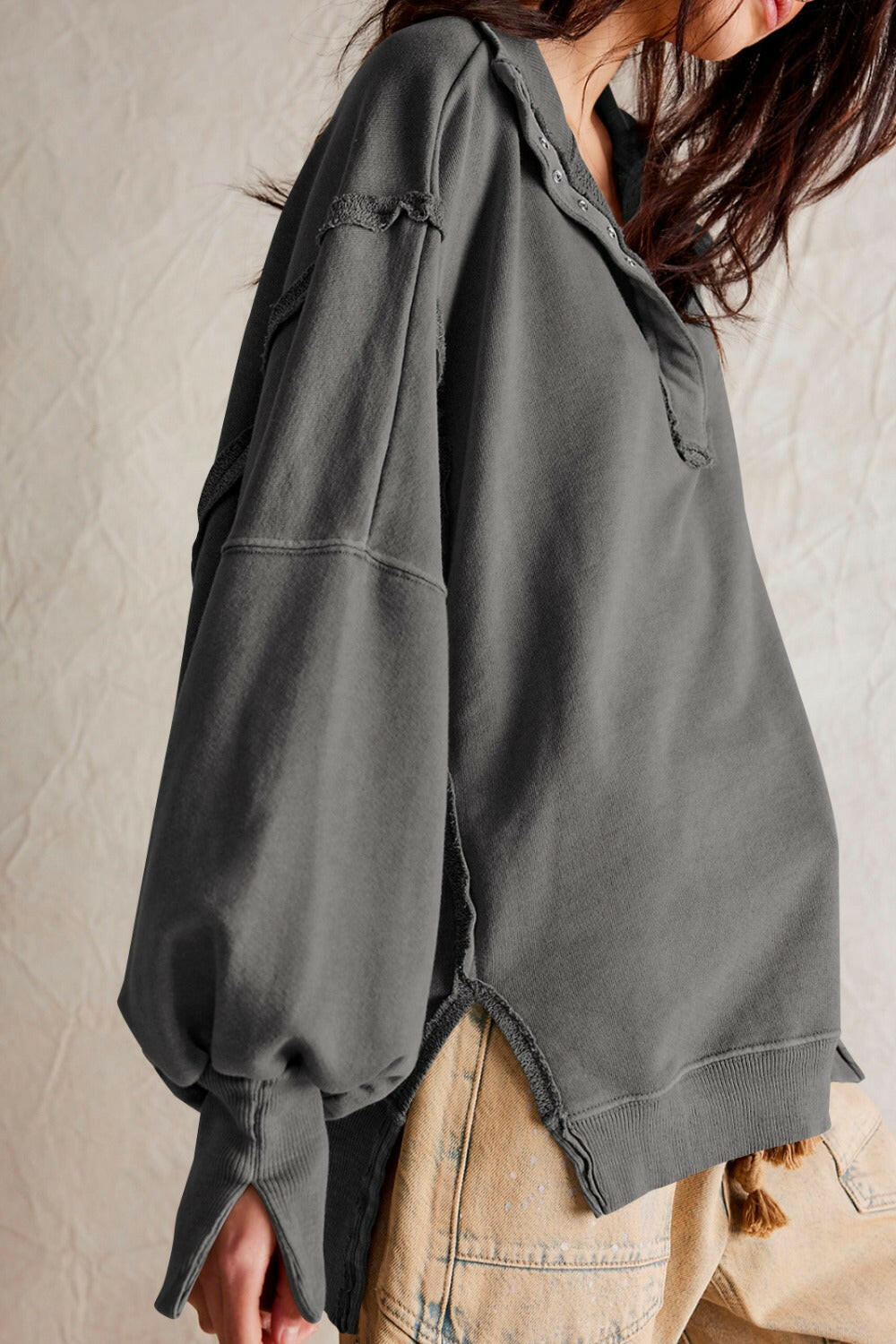 Exposed Seam Side Slit Long Sleeve Sweatshirt-Krush Kandy, Women's Online Fashion Boutique Located in Phoenix, Arizona (Scottsdale Area)