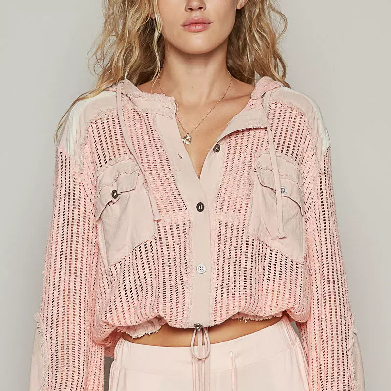 POL Texture Woven Button Down Hooded Shirt with Drawstring Hem-Jackets-Krush Kandy, Women's Online Fashion Boutique Located in Phoenix, Arizona (Scottsdale Area)