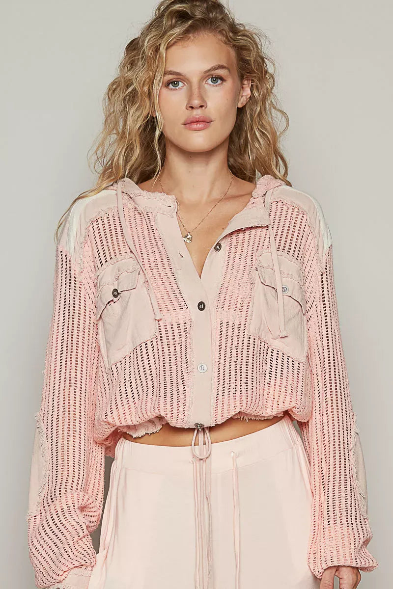 POL Texture Woven Button Down Hooded Shirt with Drawstring Hem-Jackets-Krush Kandy, Women's Online Fashion Boutique Located in Phoenix, Arizona (Scottsdale Area)