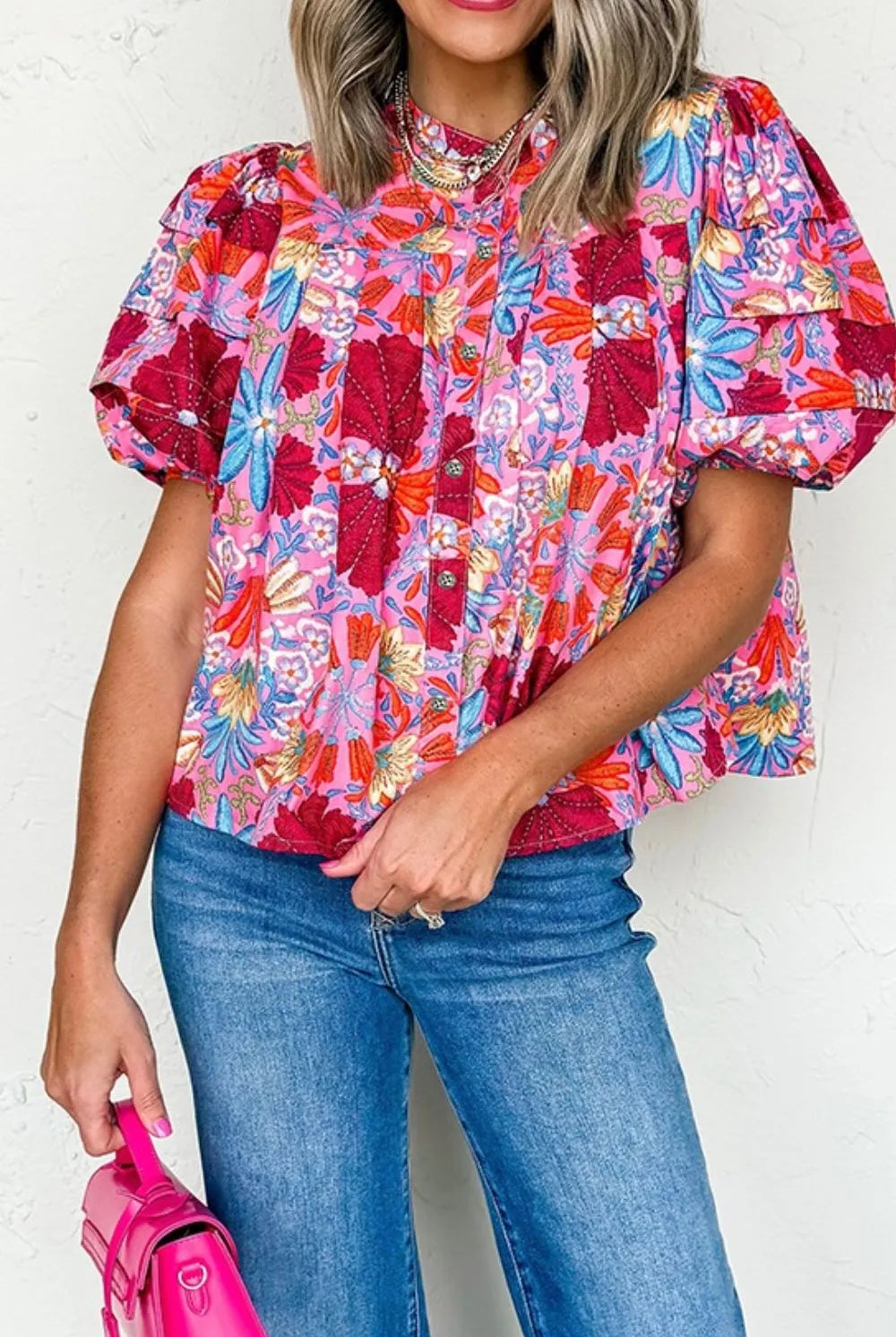Floral Puff Sleeve Button-Up Top-Tops-Krush Kandy, Women's Online Fashion Boutique Located in Phoenix, Arizona (Scottsdale Area)