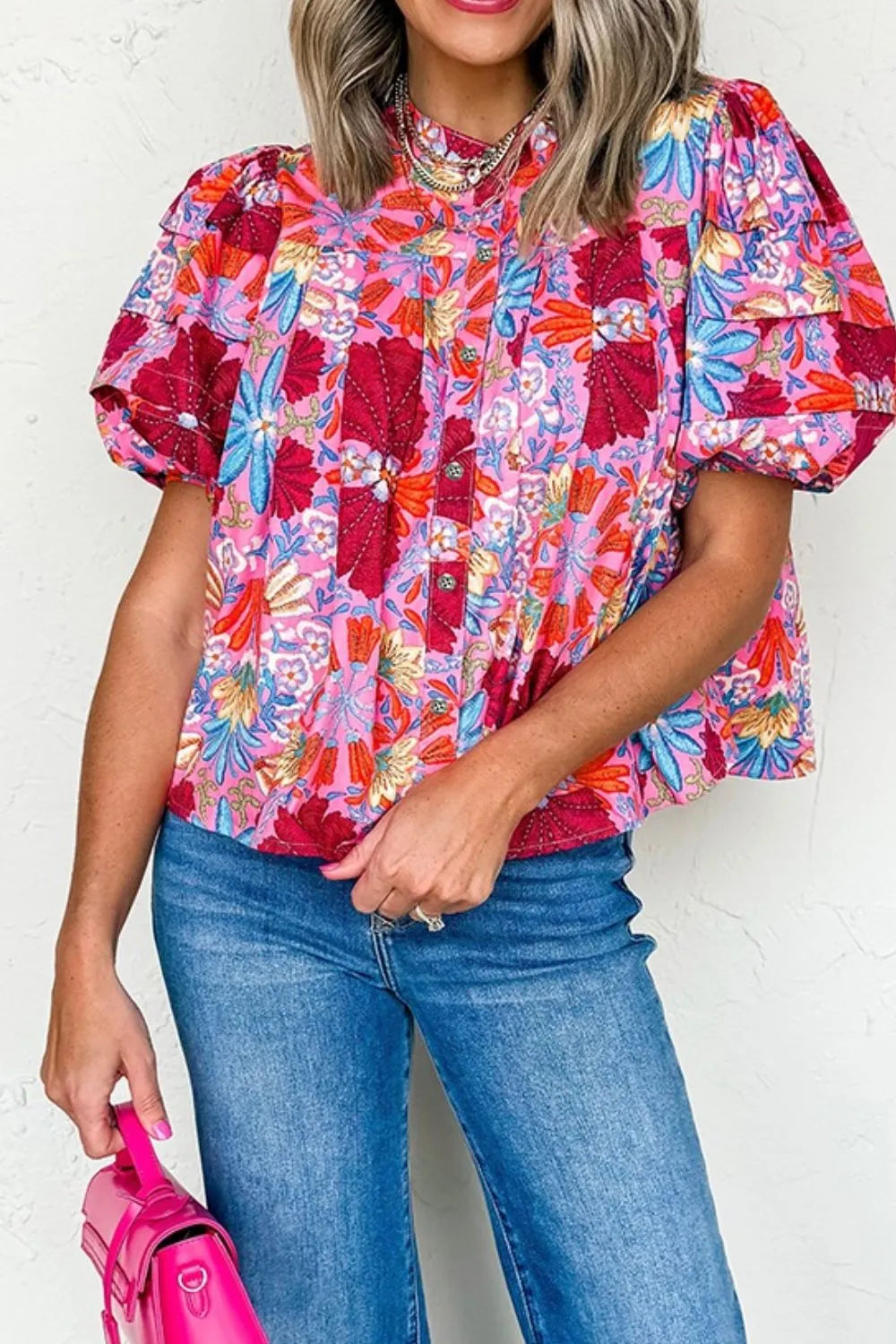 Floral Puff Sleeve Button-Up Top-Tops-Krush Kandy, Women's Online Fashion Boutique Located in Phoenix, Arizona (Scottsdale Area)